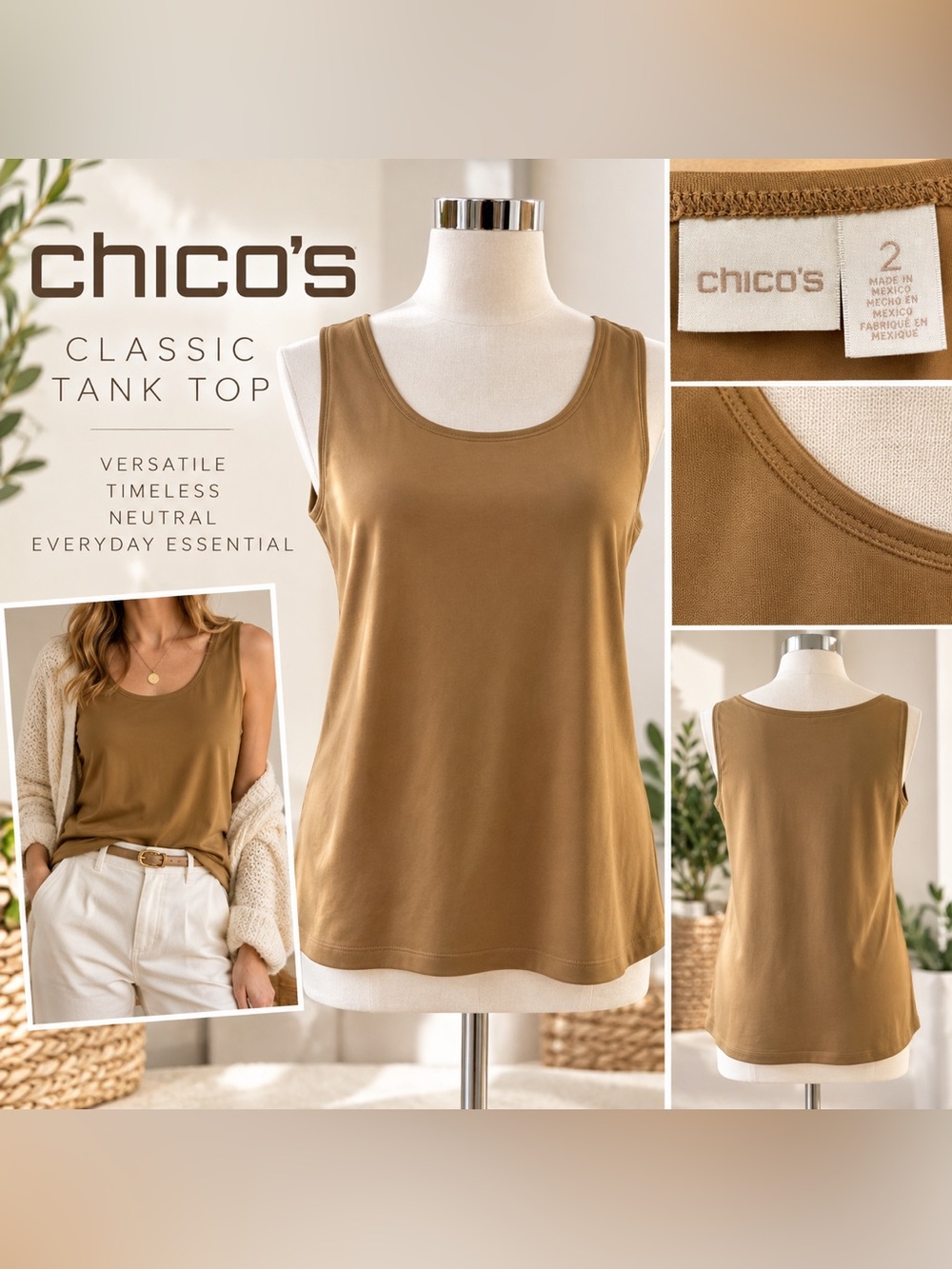 Chico’s Classic Warm Tan Tank Top — Size 2